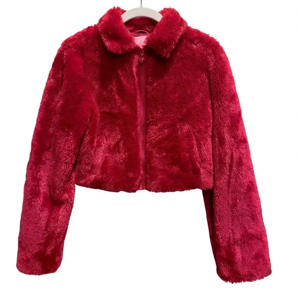 Sugar Thrillz Dolls Kill Red Faux Fur Cropped Jacket Heart Zipper AST20069 Small - Picture 2 of 10